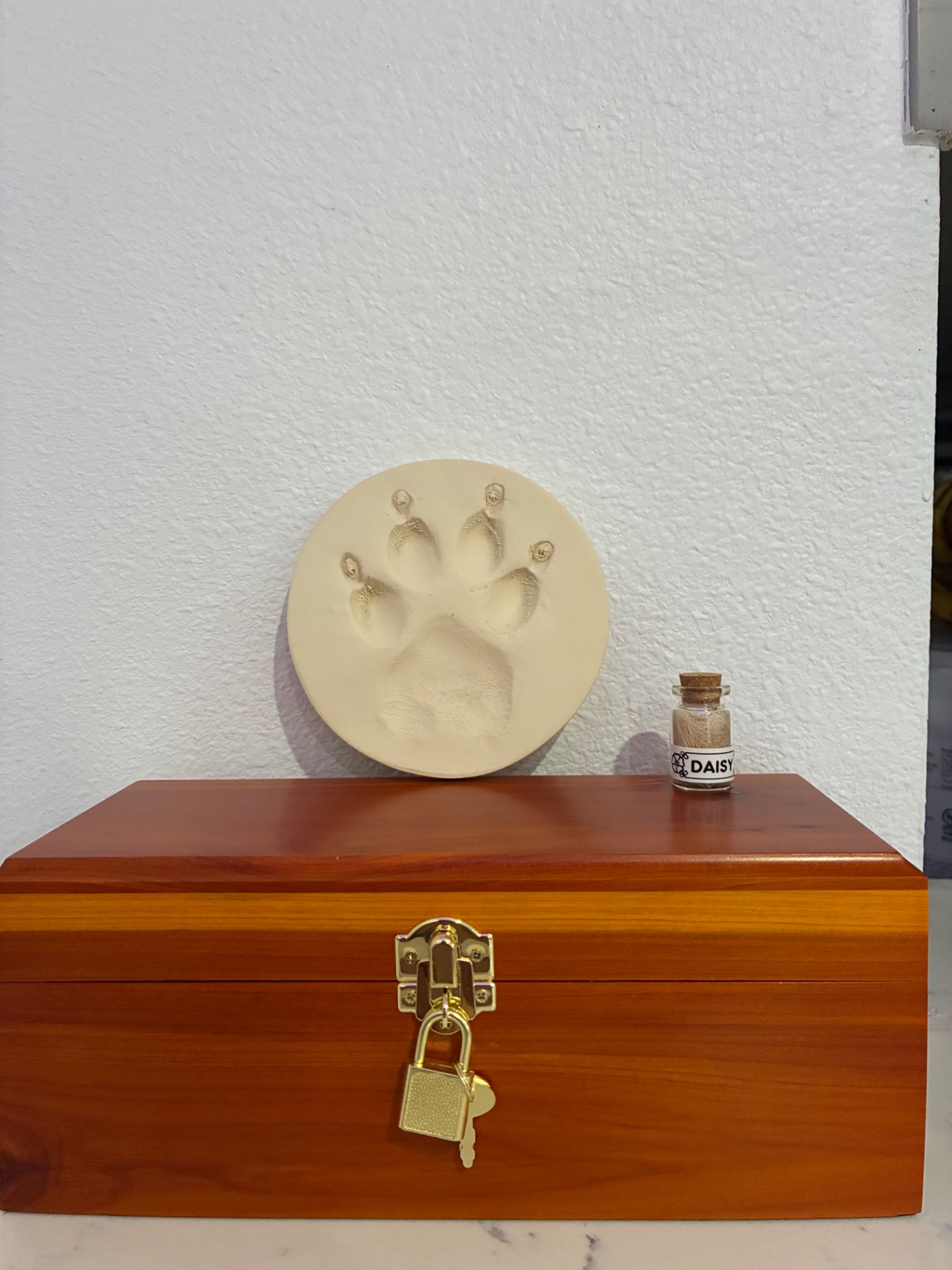 Cedar wood urn with clay paw print and Daisy fur keepsake bottle