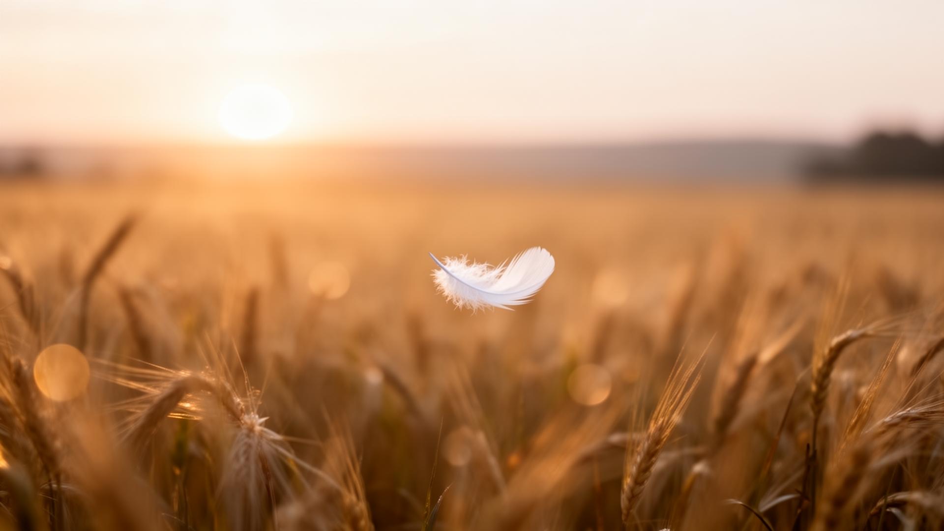 A gentle white feather drifting through a golden field at sunrise