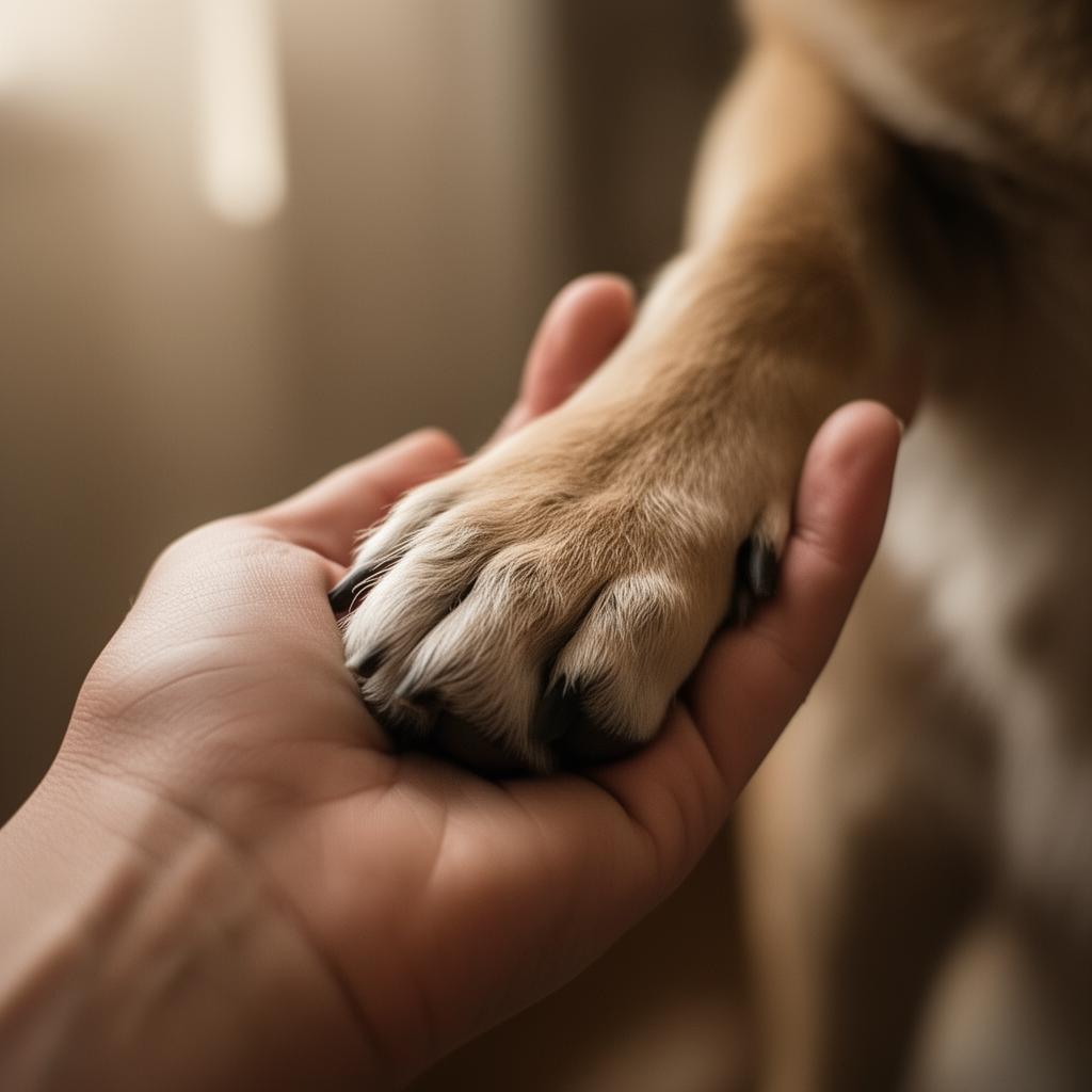 A human hand gently holding a dog's paw